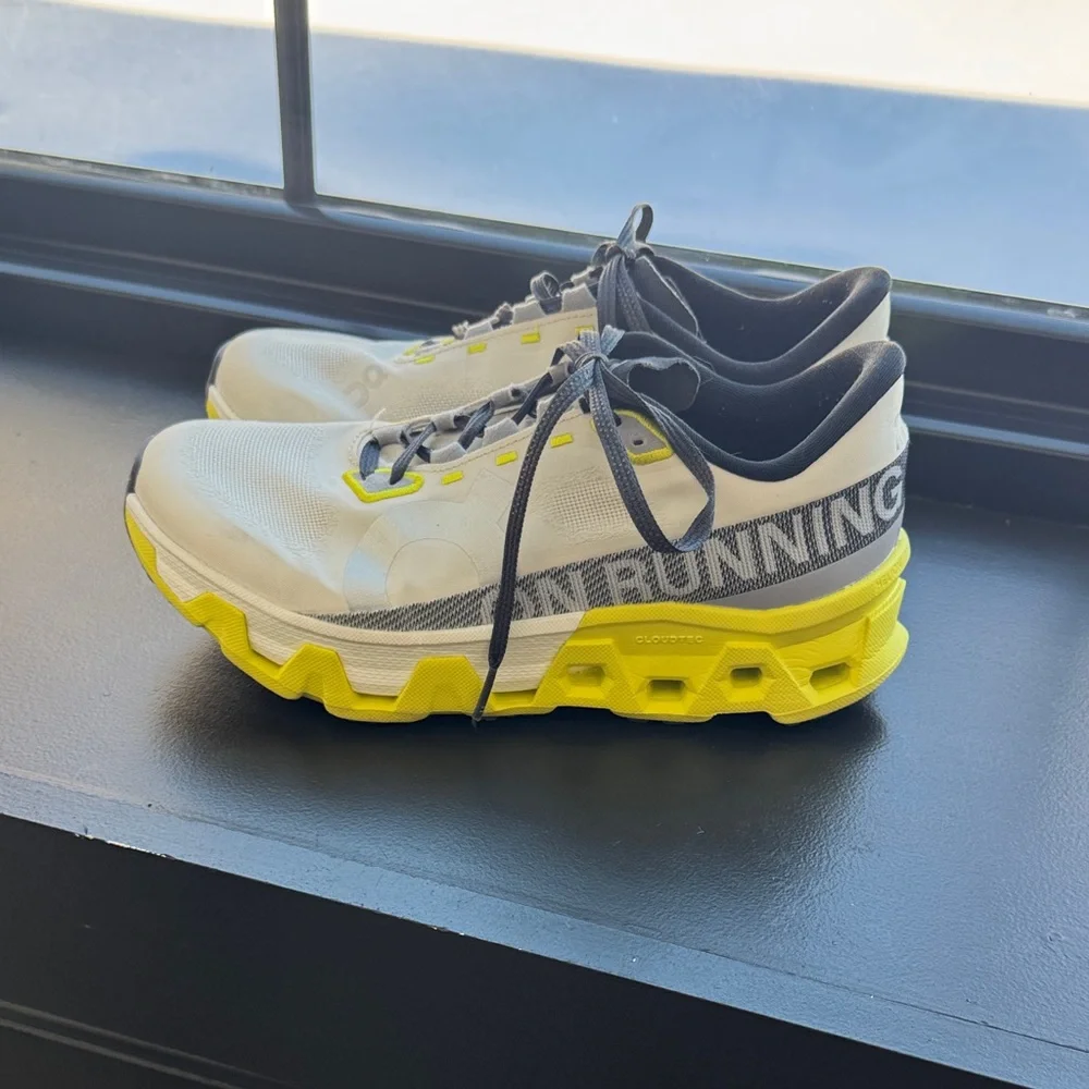 On Running Cloudmonster Hyper White and Neon Yellow Athletic Shoes - Picture 5 of 8